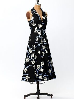 ROBERTA OAKS Vintage-Inspired Black Monstera print Tie-Waist Dress